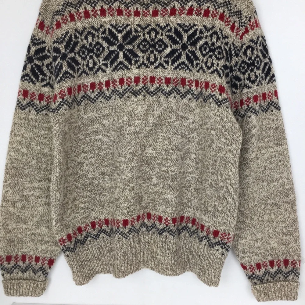 Vintage L.L. Bean Fair Isle Wool Sweater Size L Nordic Snowflake Crewneck USA